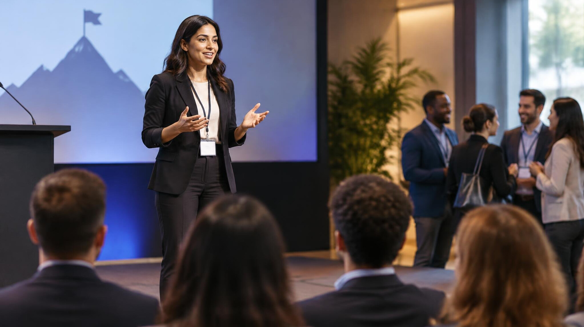 confident speaker on stage