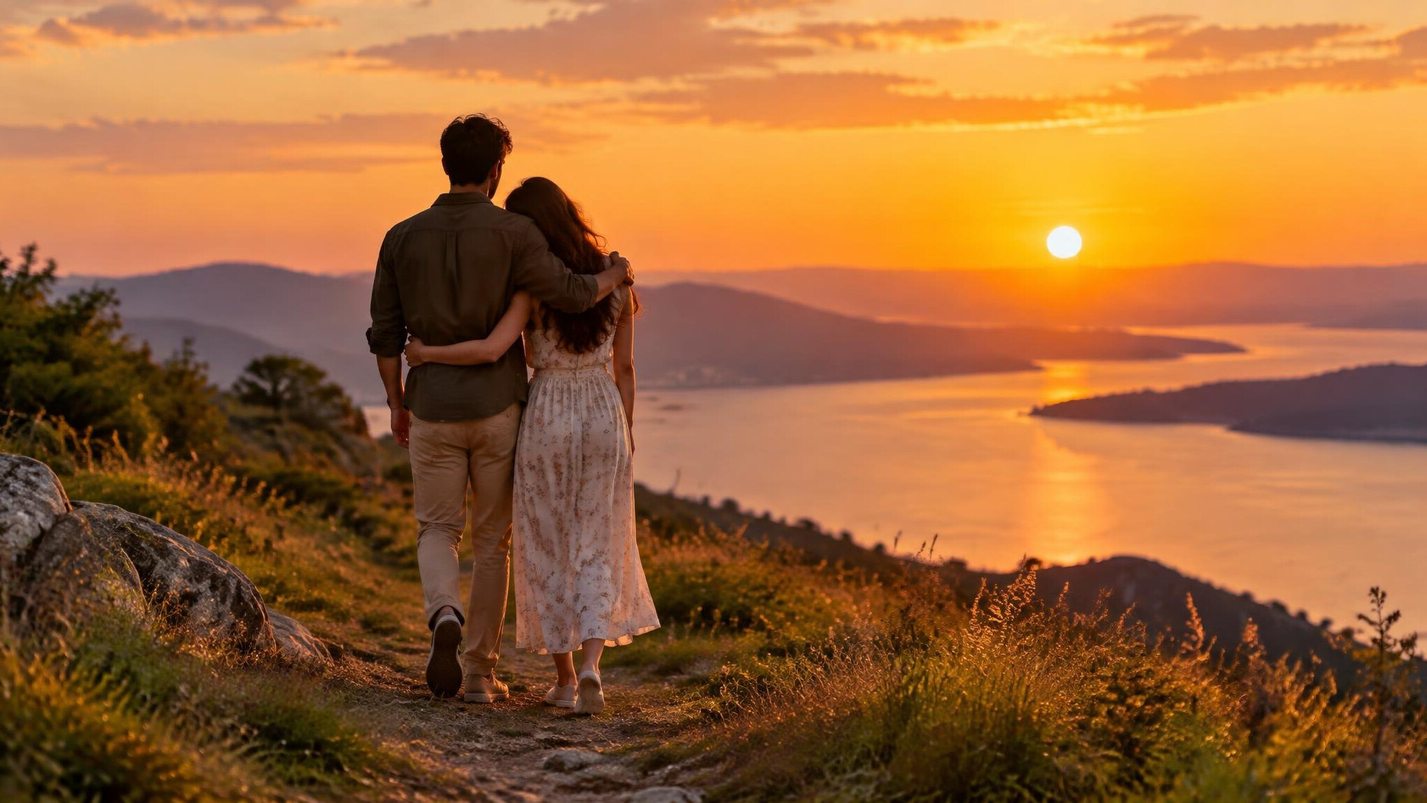 sunset couple walk