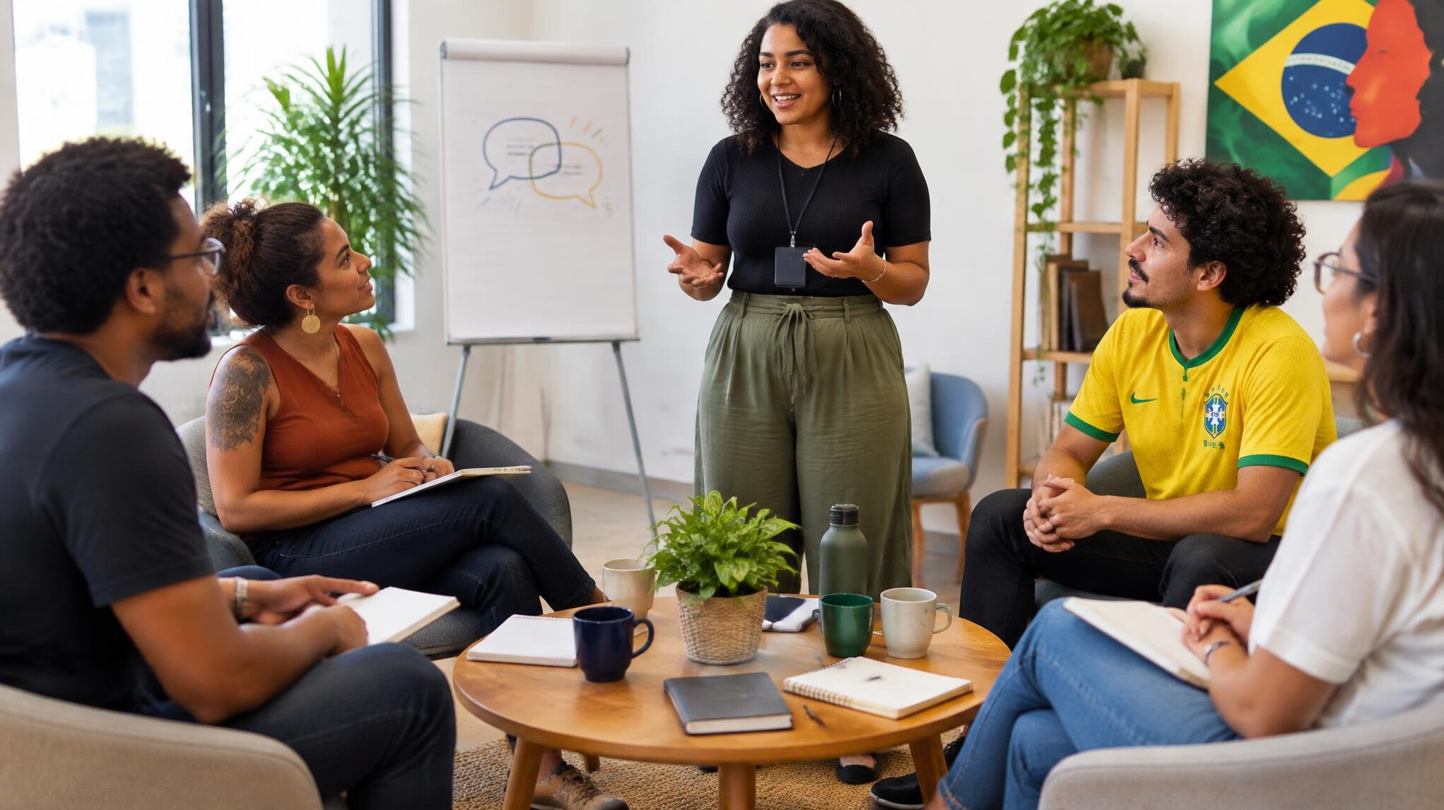 Small group practicing public speaking in a workshop setting