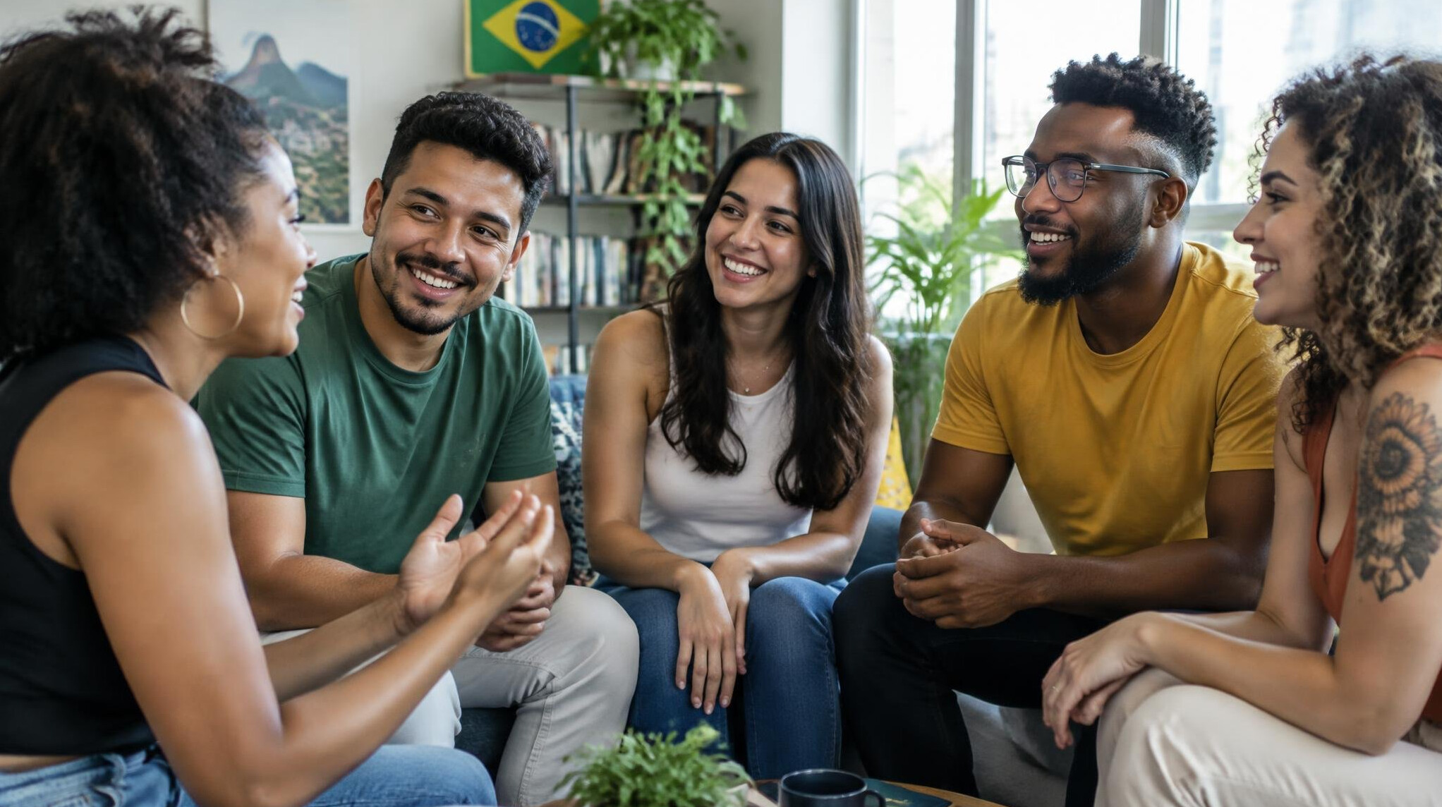Group of Brazilian young adults having an engaging conversation in a bright room
