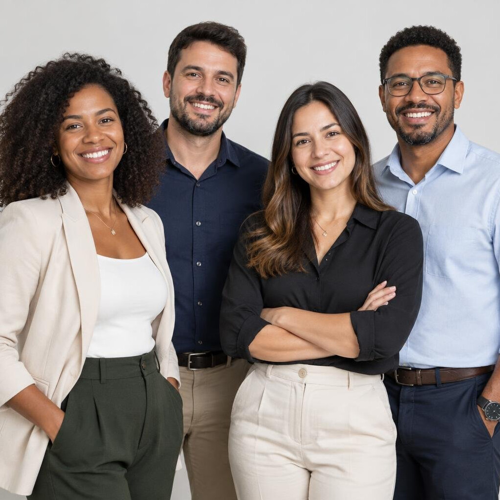Team of four Brazilian professionals smiling together in an office