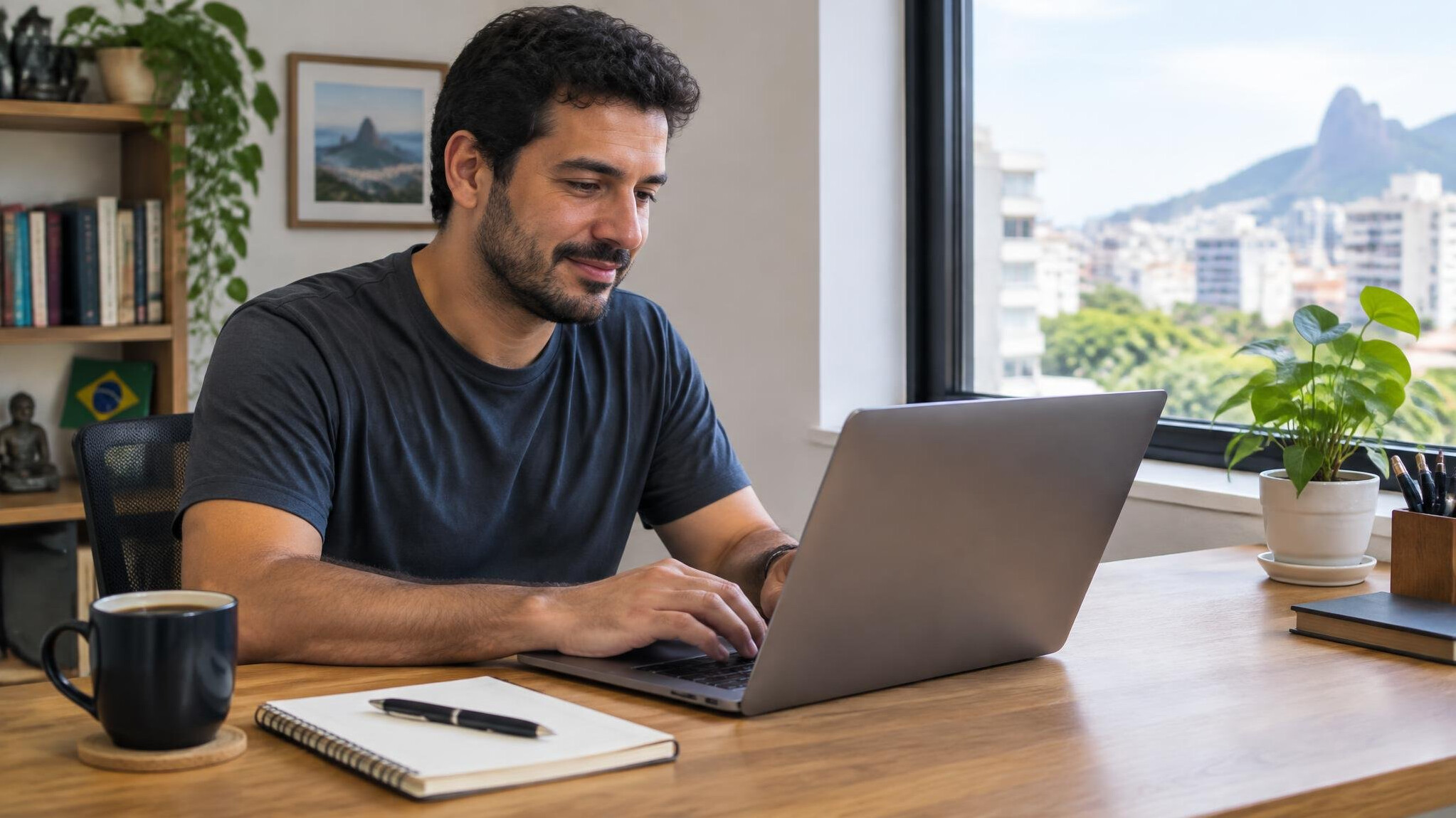 Person writing a message on a laptop at a wooden desk